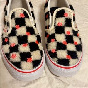 Checkered Vans Slip-On Shoes - Black and White with Pink Flowers